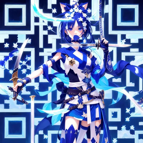 ((masterpiece, best quality)),a girl holding a sword, in the style of dark azure and light azure, mixes realistic and fantastical elements, vibrant manga, uhd image, glassy translucence, vibrant illustrations.