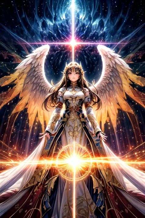 masterpiece, best quality, official art, (fractal art:1.3), 1girl, angel, long hair, detailed clothes, front view, character focus, in the sky, cloud, sunset, colorful, cinematic lighting, magical portal, holy light, golden particles, light beams, <lora:add_detail:1.3>