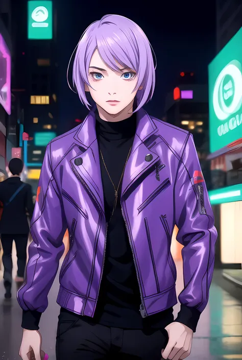 masterpiece, best quality, highres, high quality, 1boy, solo, male focus, upper body, hair, realistic, purple hair, cyberpunk, free pose <lora:Kirill_Vrubel-09:0.67>