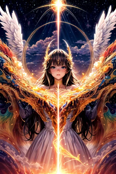 masterpiece, best quality, official art, (fractal art:1.3), 1girl, angel, long hair, detailed clothes, front view, character focus, in the sky, cloud, sunset, colorful, cinematic lighting, magical portal, holy light, golden particles, light beams, <lora:add_detail:1.3>