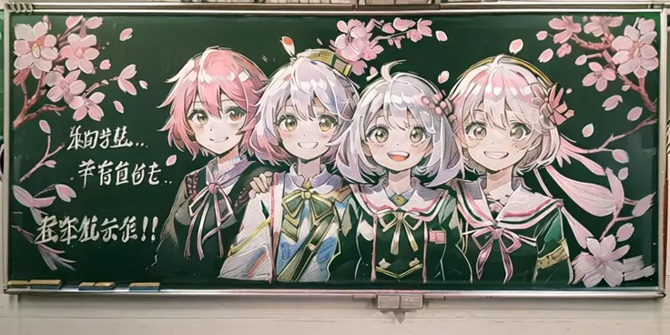 <lora:blackboard:1> chalkboard, traditional media,, academic gown, academic robe, square cap, cherry blossoms, smiling, multiple girls, detailed uniform, look at viewer, detailed background