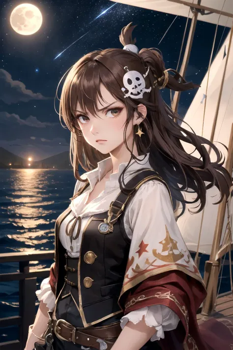 best quality, masterpiece, ultra-detailed, professional lighting, detailed background, 1girl, look at viewer, brown hair, brown eyes, hair ornaments, pirate clothes, angry, long hair, wind, glare, stars, moon, ship deck, sea, night, dark