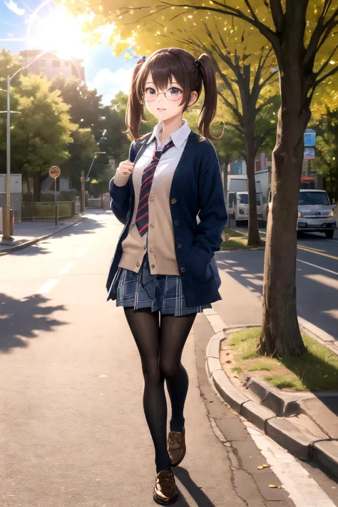 1girl, cute, solo, walking, full body, masterpiece, best quality, hires, twintails, school uniform, collared shirt, necktie, cardigan, plaid skirt, black pantyhose, loafers, open clothes, school gate, street, tree, bus stop, natural sunlight, backlight, lens flare, from side