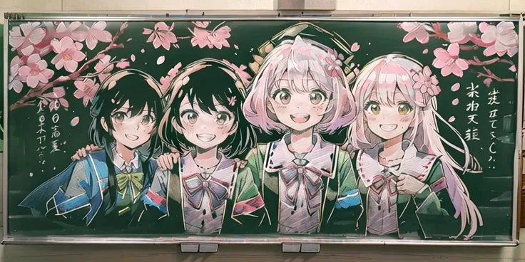 <lora:blackboard:1> chalkboard, traditional media,, academic gown, academic robe, square cap, cherry blossoms, smiling, multiple girls, detailed uniform, look at viewer, detailed background