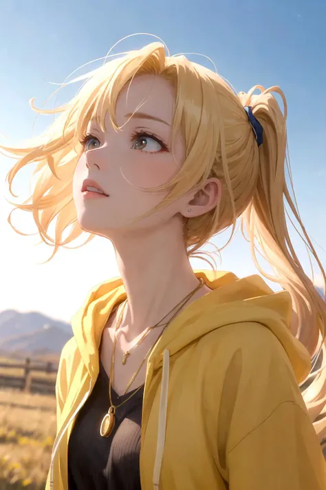 1girl, necklace, side ponytail, looking up, gold necklace, hoodie, blond hair, wind blowing, extremely detailed, high quality, natural lighting, backlighting, outdoor, ranch,　stable, detailed background