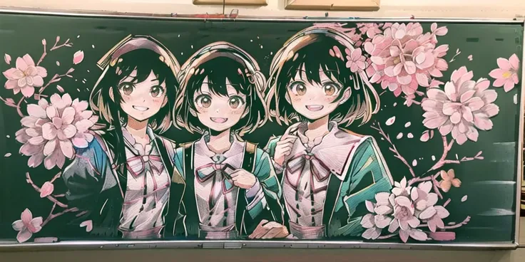 <lora:blackboard:1> chalkboard, traditional media,, academic gown, academic robe, square cap, cherry blossoms, smiling, multiple girls, detailed uniform, look at viewer,   detailed background