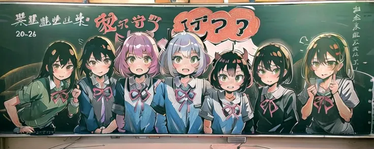 <lora:blackboard:1> chalkboard, traditional media, <lora:MultipleGirlsGroup:1>MULTIPLE GIRLS, GROUP PICTURE, 6+GIRLS, posing, school uniform, look at viewer, classroom, best quality, hires, detailed background