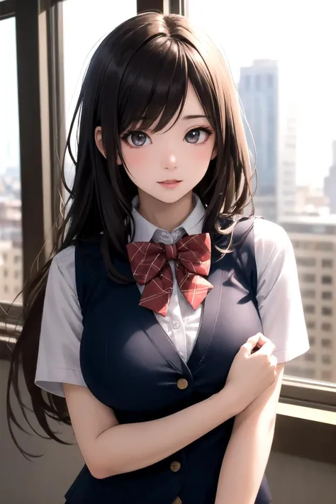 1girl, matured female, vest, bow, best quality, hires, detailed face, long hair, big tits, office, buildings from window, detailed background, diffused sunlight, depth of field, bokeh