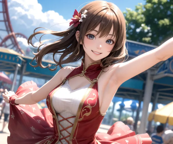 cosplay, amusement park, smiling, dynamic posing, dynamic angle, character focus, 1 girl, gorgeous detailed dress, colorful dress, look at viewer, armpits, depth of field, detailed photorealistic background, diffused natural sunlight, diffused natural skin glow,