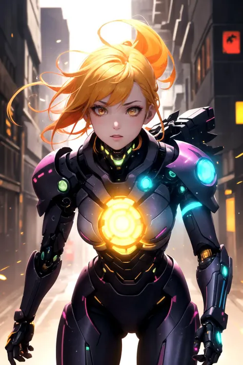 night, bright neon colors, cyborg girl, gradient red and yellow hair blowing in the wind, detailed cyber heavy armor, glowing armor, cybernetic limbs, dynamic angle, (cyberpunk:1.1), best quality, hires, depth of field, detailed background, diffused skin glow