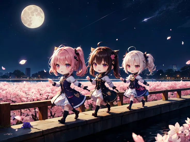 ultra detail,
<lora:add_detail:0.3><lora:MultipleGirlsGroup:0.2>multiple girls, 3girls,(chibi:1.3,dynamic pose), marching, group picture,
sakura petals, area between river and riverbank, parapet,
night with a hazy moon, spring breeze,
from side, looking away,
(moonlight:0.7),moody lighting,