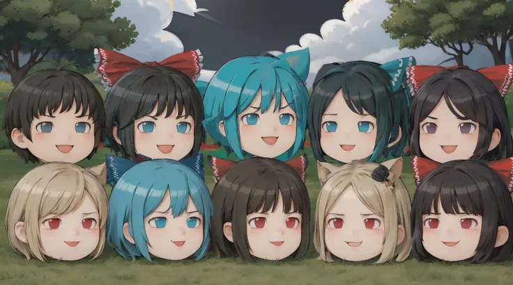 <lora:MultipleGirlsGroup:0.4> Multiple_girls, 6+girls, 6+boys, lineup, <lora:Yukkuri:1.5> yukkuri, head only, oyama mahiro, cloud strife, hatsune miku, hakurei reimu, smug, on the grass, blue sky