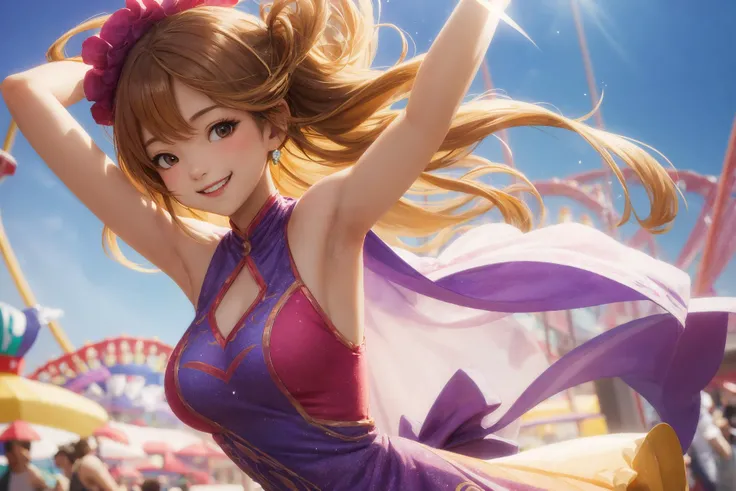 cosplay, amusement park, smiling, dancing, face focus, masterpiece, high quality, high resolution, large filesize, full color, 1 girl, gorgeous detailed dress, colorful dress, look at viewer, armpits, dynamic angle, depth of field, (bokeh:0.3), detailed photorealistic background, detailed lighting, diffused natural sunlight, diffused natural skin glow,