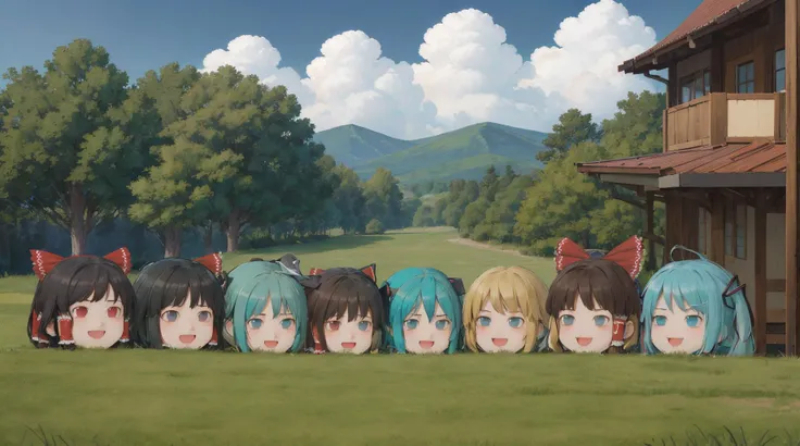 <lora:MultipleGirlsGroup:0.4> Multiple_girls, 6+girls, 6+boys, lineup, <lora:Yukkuri:1.5> yukkuri, head only, oyama mahiro, cloud strife, hatsune miku, hakurei reimu, smug, on the grass, blue sky