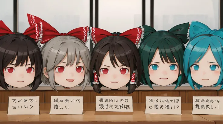 <lora:MultipleGirlsGroup:0.4> Multiple_girls, 6+girls, 6+boys, lineup, <lora:Yukkuri:1.5> yukkuri, head only, oyama mahiro, cloud strife, hatsune miku, hakurei reimu, smug, classroom, on the desk, formation