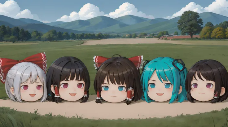 <lora:MultipleGirlsGroup:0.4> Multiple_girls, 6+girls, 6+boys, lineup, <lora:Yukkuri:1.5> yukkuri, head only, oyama mahiro, cloud strife, hatsune miku, hakurei reimu, smug, on the grass, blue sky