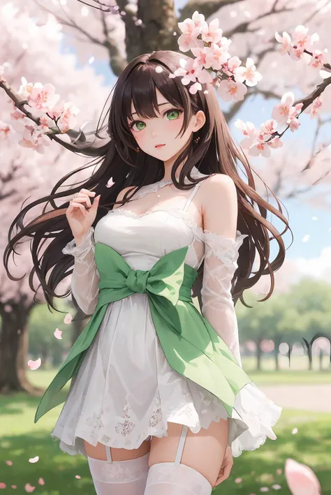 1girl, solo, long hair blown by wind, green eyes, white stocking, lace, look at viewer, luxurious, elegant, extremely detailed, majestic, blurry, blurry background, tree, branch, cherry blossoms, butterfly, flower petals blown by wind, depth of field,
