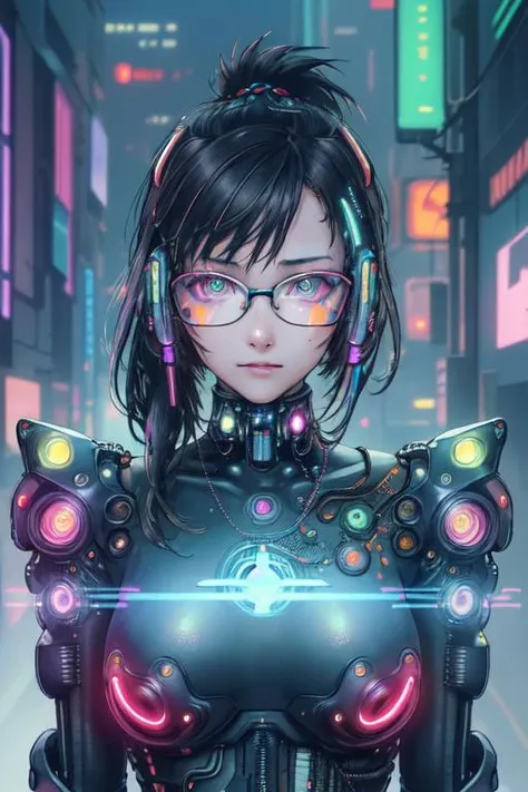 (masterpiece,best quority,detailed:1.2),1girl, close-up, intricate details, (cyberpunk:1.4), mechanical arms, eyeglasses, messy hair, (glowing neon armor:1.2), machinery, colorful background