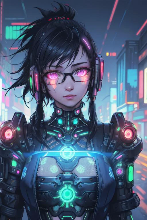 1girl, close-up, intricate details, (cyberpunk:1.4), mechanical arms, eyeglasses, messy hair, (glowing neon armor:1.2), machinery, black background