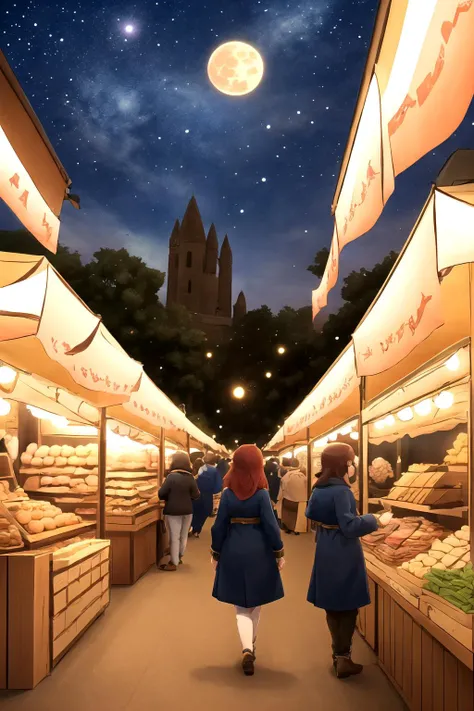 ((1girl, solo)), fantasy, crowd, ancient city ruins, multiple stalls and marchants on either side, travelers, market, overhead shot, wide shot, from behind, night, dark, stars, big moon, super moon <lora:tune:1>