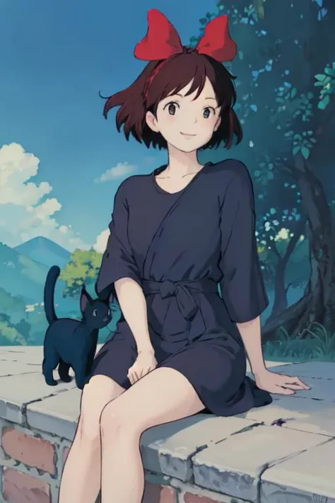 (masterpiece, best quality;1.3),ultra detailed,1girl,solo,feenagrandia,looking at viewer,smile,
kiki,black robe,red hair bow,blue sky,black cat,jiji,<lora:kiki_v1:1>,