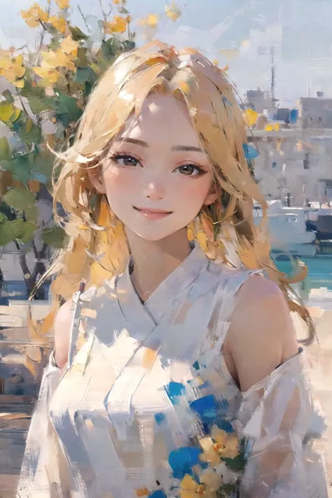 <lora:oil painting:1.4> (bichu, oil painting:1,2), 1girl, smiling, detailed clothes, look at viewer, best quality, masterpiece, hires, depth of field, detailed background, diffused natural sunlight, diffused natural skin glow