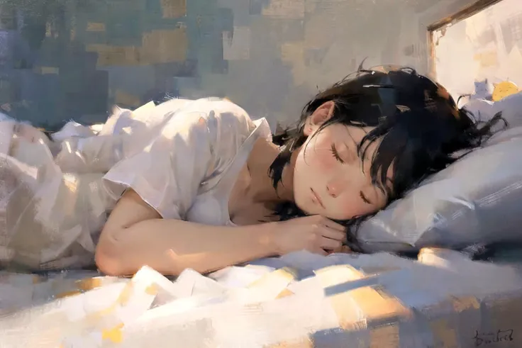 <lora:oil painting:1.4> (bichu, oil painting:1,2), 1girl, cute, sleeping, eyes closed, (freckles:0.2), lying on bed, head on pillow, bedroom, detailed background, indoor, hires, (photorealistic:1.4), (in the dark, deep shadow,low key:1.1), diffused natural skin glow, diffused dark light, wide shot