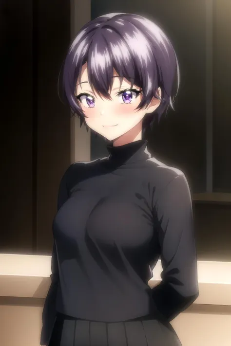 <lora:MakoChan:1> makodef,purple hair,purple eyes,short hair,looking at viewer,
upper body,standing,black turtleneck,long sleeves,black skirt,smile,arms at sides,
best quality,masterpiece,