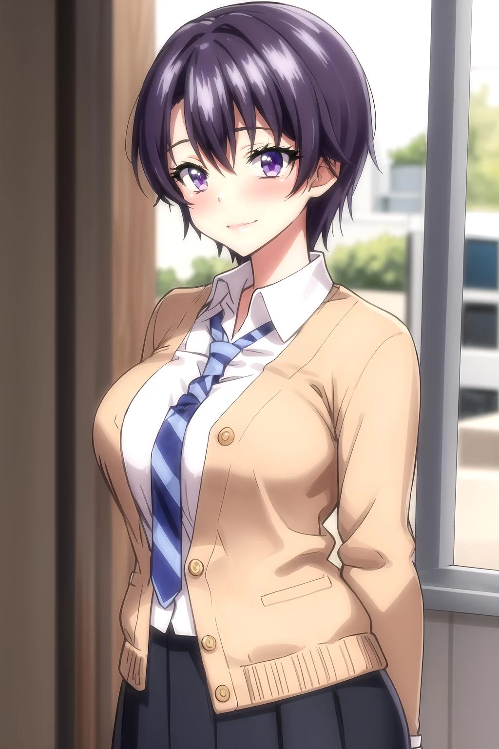 <lora:MakoChan:1> makodef,purple hair,purple eyes,short hair,
upper body,standing,shirt,blush,skirt,necktie,pleated skirt,school uniform,large breasts,smile,cardigan,looking at viewer,blue necktie,arms at sides,lips,
best quality,masterpiece,
