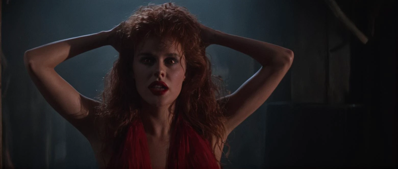 cinematic film still of <lora:Amy Peterson:0.9>
Amy Peterson, In the 1980's Vampire1 Amy,White Fangs Teeth,Lipstick,long messy hair,reflecting eyes,nipples,transparent sleeveless scarf dress a woman with red hair is posing for a picture,1girl,solo,long hair,looking at viewer,brown hair,brown eyes,upper body,armpits, hands behind head, basement, arms up,realistic , Horror themed, dark themed, Fright Night 1985 style, shallow depth of field, vignette, highly detailed, high budget, bokeh, cinemascope, moody, epic, gorgeous, film grain, grainy