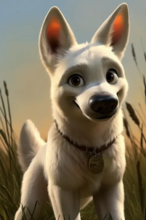 (By Kenket), oil painting, painterly style, <lora:bolt the dog:0.7> bolt the dog, bolt_\(bolt)\, dog, anthro, furry, solo, white fur, brown irises, small_head, grassy field, looking at viewer, smiling, head tilted,