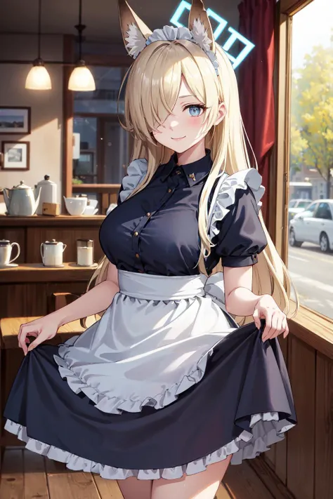 masterpiece,best quality,highres,ultra-detailed,aakanna,halo,fox ears,long hair,hair over one eye,bangs,large breasts,<lora:kanna_(blue_archive):0.7>,indoors,cafe,maid,maid headdress,apron,(skirt hold:1.2),standing,cowboy shot,smile,