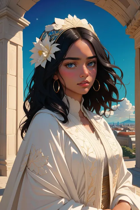 tv_Naima_MXAI, (designed by Kubisi Art:1.3) , vibrant art, masterpiece rendered in octane of a highly detailed, landscape of a ([Tbilisi:Berlin:3]:1.3) from inside of a Fortress, it is very Heartless and Tribal, earthly, natural, flowers and plants, Autochrome plants dense mountains and Solar system in background, Snowing, Graphic novel, Peaceful, Art Nouveau, hair light, macro lens, Low Contrast, blended visuals, Folded Jute, Pixabay, wallpaper