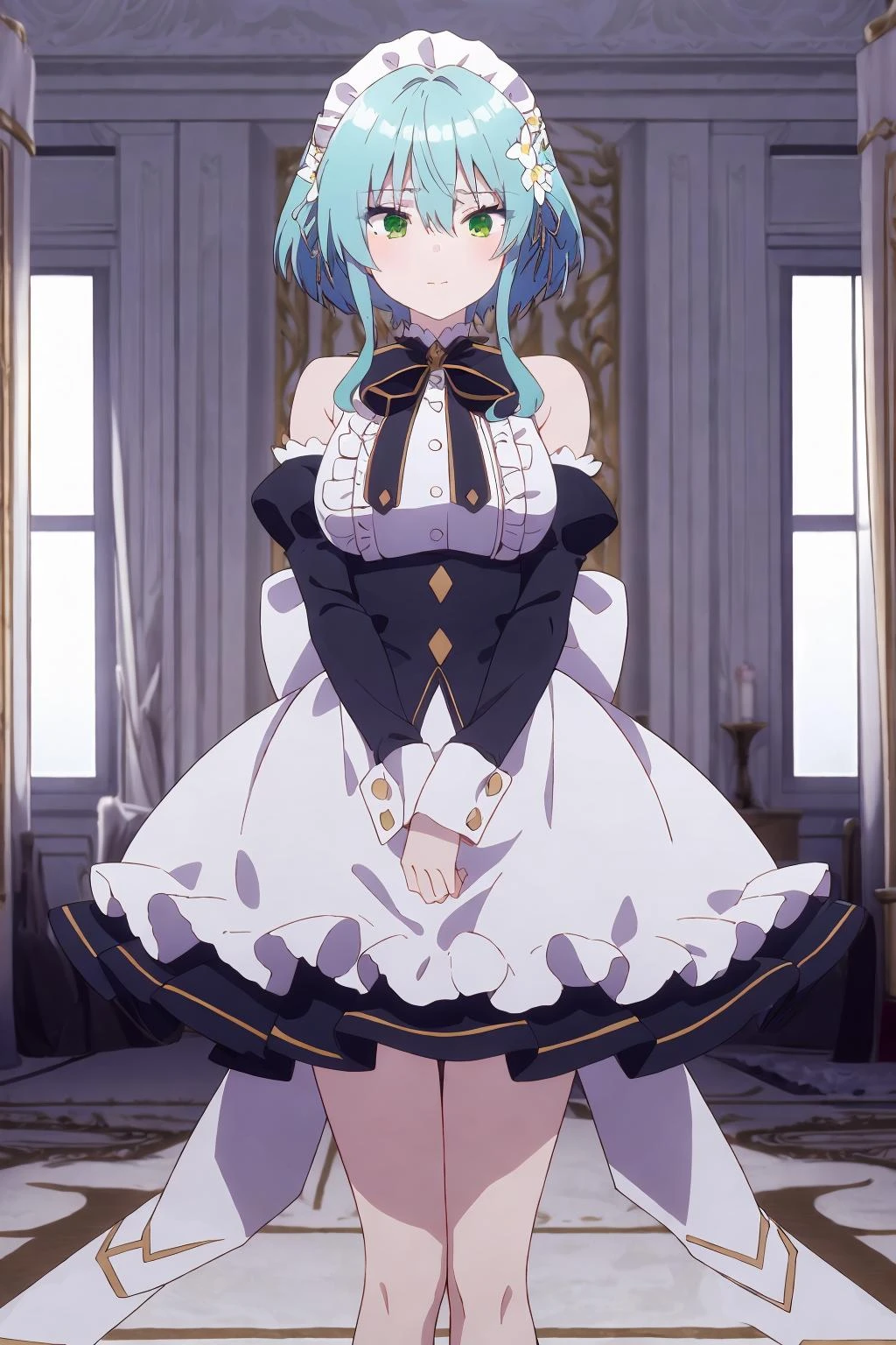 <lora:èå¿èµ«æ³½1V:0.8>,èå¿èµ«æ³½,1girl,solo,green eyes,blue hair,aqua hair,hair between eyes,sidelocks,bangs,short hair,short hair with long locks,
maid headdress,hair ornament,white flower,hair flower,bowtie,black bow,white shirt,frilled shirt,buttons,maid,white apron,center frills,sleeveless,bare shoulders,juliet sleeves,detached sleeves,puffy sleeves,black sleeves,black skirt,black corset,underbust,(front view:1.5),, Exquisite visuals, high-definition,masterpiece,best quality,, 18yo,Young female,Beautiful Fingers,Beautiful long legs,Beautiful body,Beautiful Nose,Beautiful character design, perfect eyes, perfect face,expressive eyes,
official art,extremely detailed CG unity 8k wallpaper, perfect lighting,Colorful, Bright_Front_face_Lighting,shiny skin,
(masterpiece:1.0),(best_quality:1.0), ultra high res,4K,ultra-detailed,
photography, 8K, HDR, highres, absurdres:1.2, Kodak portra 400, film grain, blurry background, bokeh:1.2, lens flare, (vibrant_color:1.2), (beautiful_face:1.5),(narrow_waist), ,NSFW,