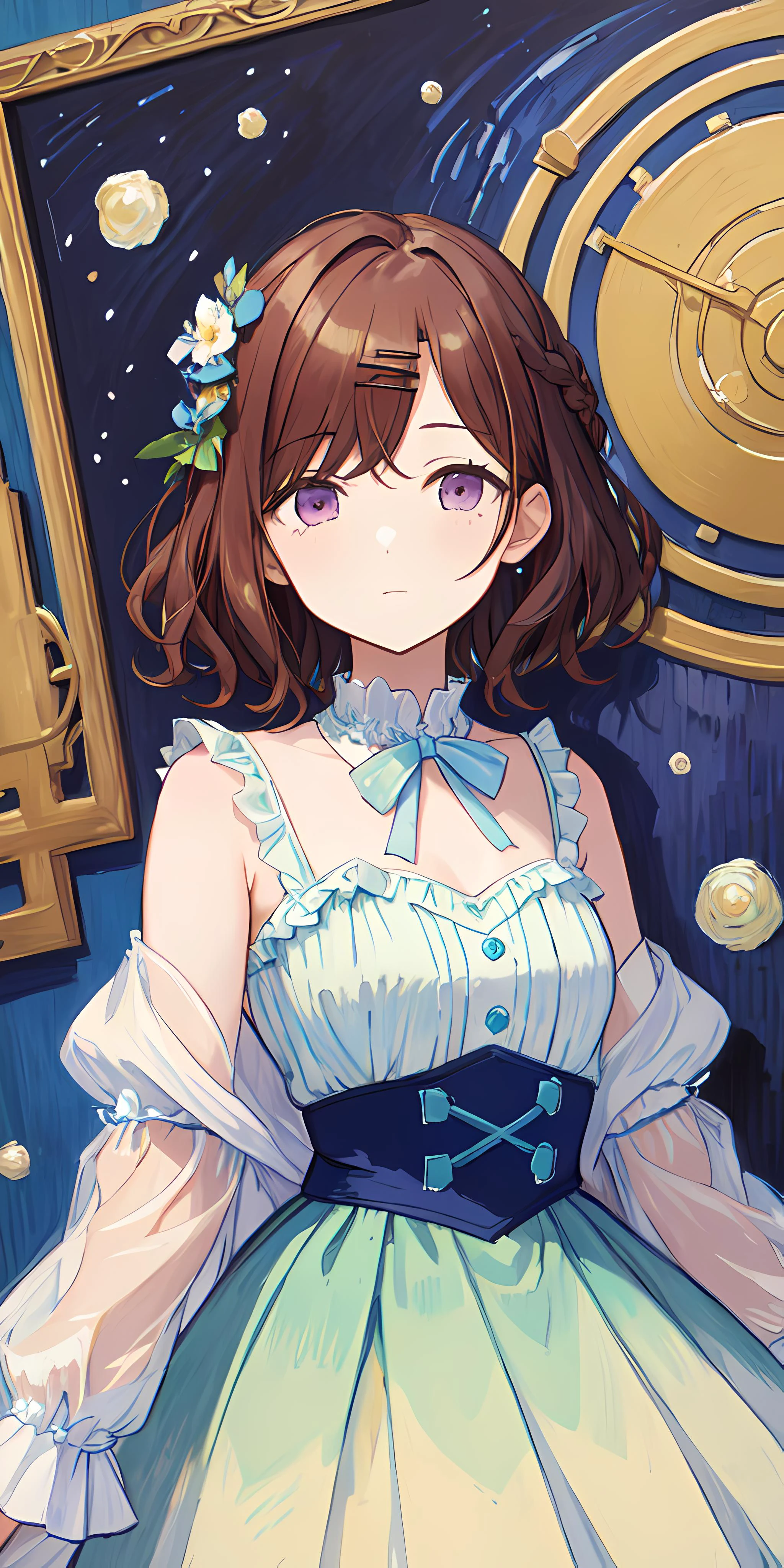 masterpiece, best quality, ultra-detailed, illustration, 1girl, van gogh's starry night style, beautiful and aesthetic, vivid color, <lora:brj-madoka-v2:0.8> higuchi madoka, short hair, brown hair, hairpin, purple eyes <lora:GoodHands-beta2:0.8>