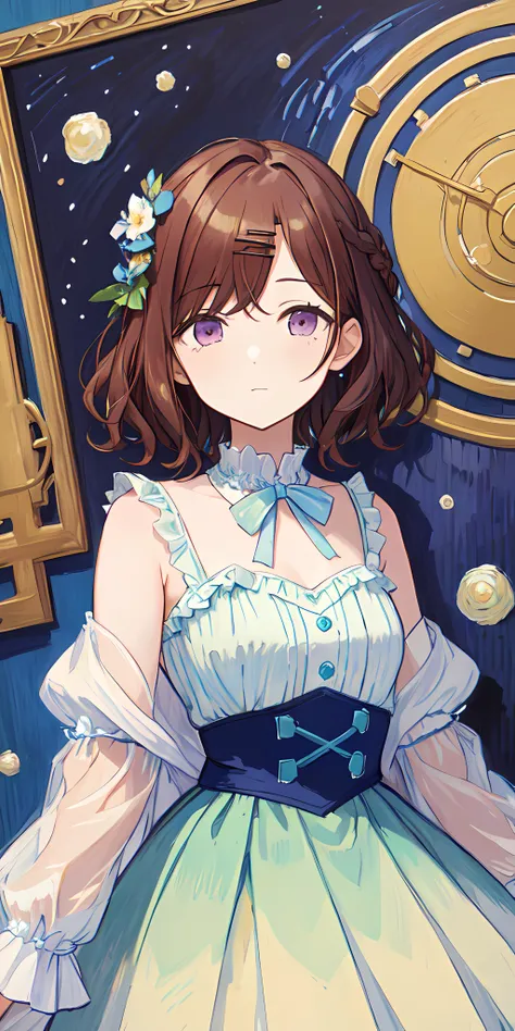 masterpiece, best quality, ultra-detailed, illustration, 1girl, van gogh's starry night style, beautiful and aesthetic, vivid color, <lora:brj-madoka-v2:0.8> higuchi madoka, short hair, brown hair, hairpin, purple eyes <lora:GoodHands-beta2:0.8>