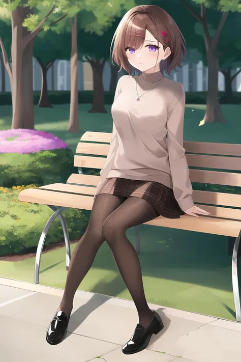 <lora:madoka-v1.8:1>, higuchi madoka, purple eyes, short hair, brown hair, hairpin, sweater, shirt, skirt, pantyhose, shoes, (best quality:1.4), masterpiece, absurdres, sitting on bench, park, flowers