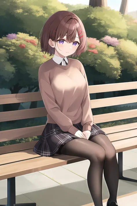<lora:madoka-v1.8:0.8>, higuchi madoka, purple eyes, short hair, brown hair, hairpin, sweater, shirt, skirt, pantyhose, shoes, (best quality:1.4), masterpiece, absurdres, sitting on bench, park, flowers