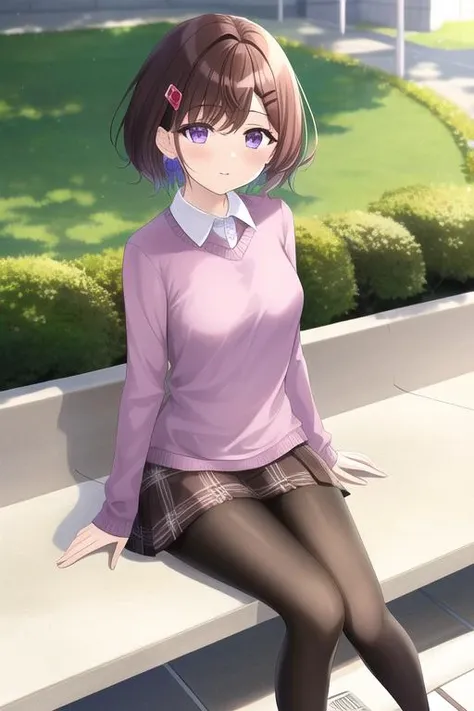 <lora:madoka-v1.8:0.8>, higuchi madoka, purple eyes, short hair, brown hair, hairpin, sweater, shirt, skirt, pantyhose, shoes, (best quality:1.4), masterpiece, absurdres, sitting on bench, park, flowers