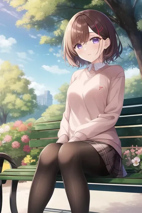 <lora:madoka-v1.8:0.8>, higuchi madoka, purple eyes, short hair, brown hair, hairpin, sweater, shirt, skirt, pantyhose, shoes, (best quality:1.4), masterpiece, absurdres, sitting on bench, park, flowers