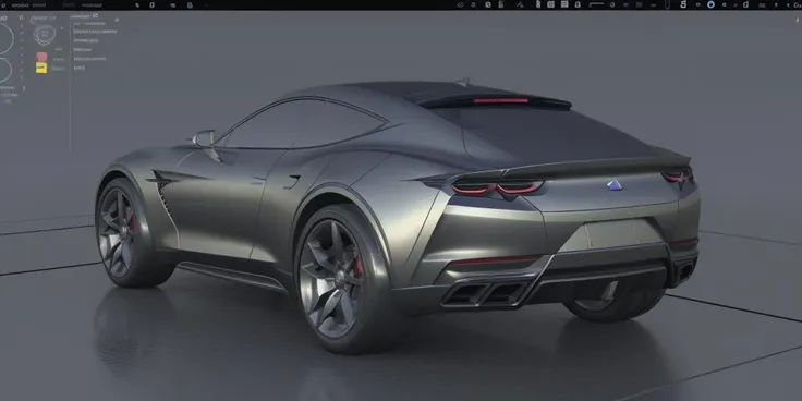 ((Autodesk Alias Nurbs patch layout style)), <lora:Alias_Patch_Layout:0.9>, sky-shader view, (concept suv), muscular volume, masterpiece, best quality, car, reflection paint, no road, no humans, ground vehicle, vehicle focus, dark ambient background, reflective ground, car design trend 2023, silver matte paint color, (rear perspective view), Alias nurbs, Alias screenshot, Alias interface