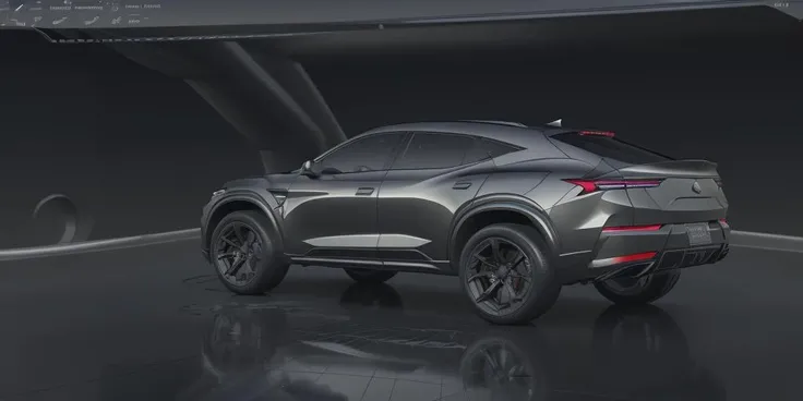 ((Autodesk Alias Nurbs patch layout style)), <lora:Alias_Patch_Layout:0.9>, dark environment, (Lucid concept suv), muscular volume, masterpiece, best quality, car, reflection paint, no road, no humans, ground vehicle, vehicle focus, dark ambient background, reflective ground, car design trend 2023, silver matte paint color, rear perspective view