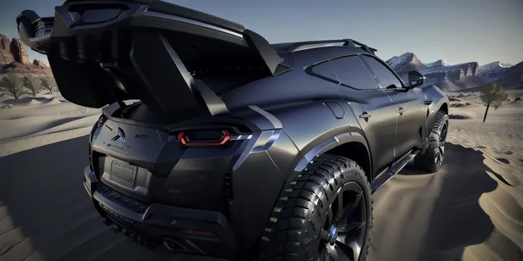 ((Photo realistic blender render style)), off road background, desert background, (Alpine concept), muscular volume, masterpiece, best quality, car, sports car, gt car, sports sedan, movie scene, realistic reflection, no humans, ground vehicles, vehicle focus, reflective background, suv, off road vehicle, outback background, Cyber punk desert, car design trend 2023, cardesignworld, black metallic paint color, outdoor background, low camera angle, front quarter perspective view, 4K image, 4K, <lora:Alias_Patch_Layout:1.3>, <glassball:0.8>