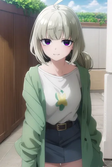 kiwiaraga, <lora:kiwi araga-normal-lora-nochekaiser:1>,
kiwi araga, bangs, ahoge, mole, mole under eye, (purple eyes:1.1), green hair, hair bun, double hair bun, smile, grin,
BREAK skirt, shirt, jacket, white shirt, belt, blue skirt, sleeves past wrists, shirt tucked in, (green jacket:1.2),
BREAK outdoors, city,
BREAK looking at viewer, (cowboy shot:1.5),
BREAK <lyco:GoodHands-beta2:1>, (masterpiece:1.2), best quality, high resolution, unity 8k wallpaper, (illustration:0.8), (beautiful detailed eyes:1.6), extremely detailed face, perfect lighting, extremely detailed CG, (perfect hands, perfect anatomy),