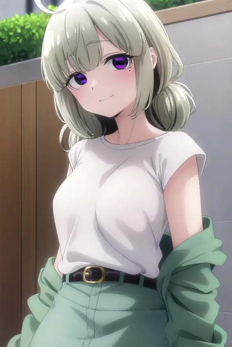 kiwiaraga, <lora:kiwi araga-normal-lora-nochekaiser:1>,
kiwi araga, bangs, ahoge, mole, mole under eye, (purple eyes:1.1), green hair, hair bun, double hair bun, smile, grin,
BREAK skirt, shirt, jacket, white shirt, belt, blue skirt, sleeves past wrists, shirt tucked in, (green jacket:1.2),
BREAK outdoors, city,
BREAK looking at viewer, (cowboy shot:1.5),
BREAK <lyco:GoodHands-beta2:1>, (masterpiece:1.2), best quality, high resolution, unity 8k wallpaper, (illustration:0.8), (beautiful detailed eyes:1.6), extremely detailed face, perfect lighting, extremely detailed CG, (perfect hands, perfect anatomy),