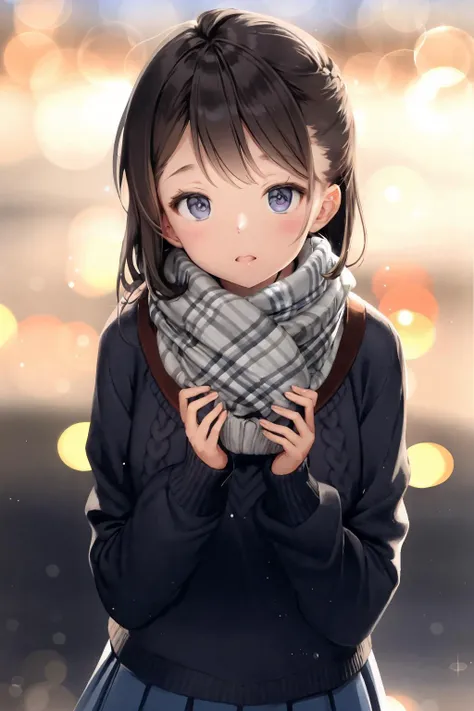 absurdres ,high quality, ultra detailed , early morning , intersection , solo girl , scarf , knit sweater, school uniform , white breath , (Bokeh :1.4) , from slightly above,