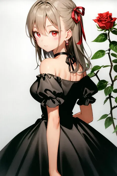 (best quality), (masterpiece), (ultra detailed), (highres), production art,
1girl, red eyes, solo, dress, flower, rose, breasts, black dress, hair ribbon, ribbon, looking at viewer, earrings, red ribbon, jewelry, bangs, grey hair, bare shoulders, hair between eyes, red flower, white flower, closed mouth, red rose, choker, medium breasts, white rose, looking back, medium hair, black choker, long hair