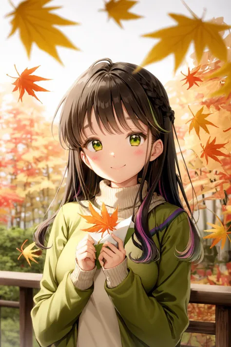 1girl, solo, holding leaf, autumn leaves, long hair, leaf, black hair, holding, sweater, bangs, jacket, white sweater, autumn, looking at viewer, multicolored hair, green eyes, maple leaf, upper body, long sleeves, smile, blurry background, blurry, orange hair, turtleneck, closed mouth, off shoulder, outdoors, blush, colored inner hair, ginkgo leaf, green jacket