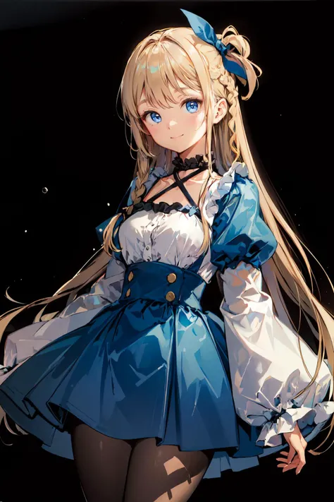 <lora:anmiV3_V73:1>, ultra detailed, masterpiece, best quality, aesthetic, detailed,, solo, soft smile, light smile,
1girl, blue eyes, very long hair, blonde hair, long blonde hair, french braid, bangs, medium breasts,, hair ribbon, frilled choker, criss-cross halter, sleeveless dress, high-waist skirt, backless dress, waist bow, detached sleeves, frilled sleeves, wide sleeves, pantyhose, patterned legwear, mary janes,