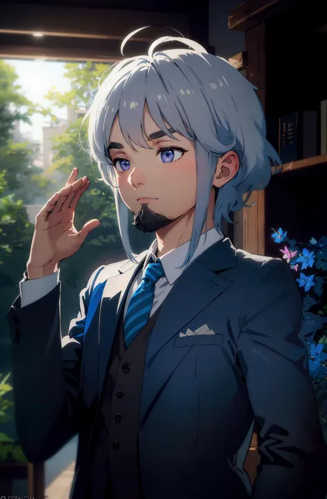 (1boy) , (male focus) ,<lora:gender_slider_v1:-3>,GS-Masculine, old man, Turkmen, (Violet eyes Monolid Eye Shape ), Microbladed eyebrows, (silver medium hair hairstyle with beard facial hair), tall body shape,wearing Tiffany bluelinen suit,<lora:ClothingAdjuster3:-0.75>, (solo focus), portrait, , Determined facial expression , Gun Gesture, (masterpiece),(best quality),(high resolution),8k,highres,extremely delicate and beautiful,top quality,professional artwork,picture-perfect,detailed texture,detailed skin,highly detailed,extreme detailed,depth of field,detailed background,shallow depth of field,colorful,high contrast,perfect lighting,sun rays,volumetric lighting,ray tracing,RTX,<lora:1blacklight:0.8>,<lora:1epi_noiseoffset2:0.65>,,<lora:1EnhanceLightColor:0.25>,, background A charming, sunlit French countryside cottage with a vineyard in the distance at Daybreak,<lora:anmiV72:0.8>
